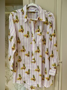 Violet Sky Purple & White Striped Shirt Dress with Tropical Fruit Print, Size M
